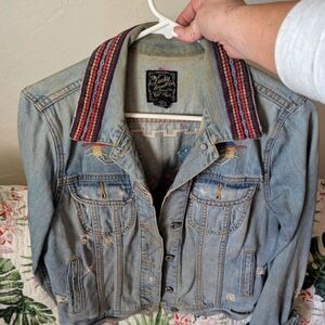 Lucky Brand Vintage Embroidered Denim Jacket with Striped Collar